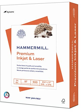 Hammermill Printer Paper, Premium Inkjet & Laser Paper 24 Lb, 8.5 x 11-1 Ream (500 Sheets) - 97 Bright, Made in the USA, 166140R