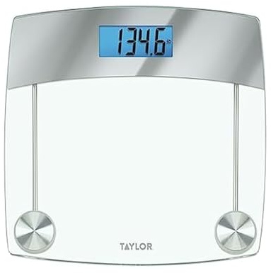 Taylor Digital Scales for Body Weight, Extra High 440 LB Capacity, Unique Blue LCD, Stainless Steel Accents Glass Platform, 12.4 x 12.4 Inches, Clear
