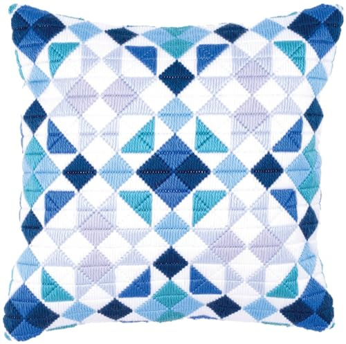 VERVACO Stickpackung Kissen Langstich Set RAUTEN IN BLAU Stickerei Set Anfänger Basteln Erwachsene Kreativ Set ca. 40 x 40 cm Bastelset Handwerker Handarbeit Zubehör Geschenkset