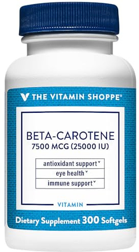 The Vitamin Shoppe Beta-Carotene 25000IU Vitamin A - Antioxidant Vision & Immune | Pro-Vitamin A Carotenoid | 300 Softgels | Eye Health