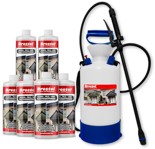 BRESTOL® Algenentferner Pilzentferner Flechtenentferner 6x 1000 ml Konzentrat + 7 Liter Drucksprüher säurebeständig - Grünbelagsentferner Grünbelagentferner