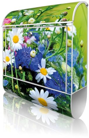 banjado Design Briefkasten Blumenstrauß 38,5x46,5x13cm & 2 Schlüssel - Briefkasten Stahl Weiß mit Zeitungsfach pulverbeschichtet - Postkasten A4 Einwurf inkl. Montagematerial