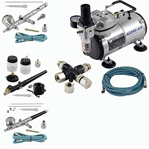 Agora-Tec® Airbrush Komplett-Set EXPERT VII.13, Komplettsystem für Airbrushanwendungen, inkl. Kompressor mit 4 bar und 20l/min + 3 Airbrushpistolen mit 0,2 & 0,3 & 0,5 & 0,8mm Nadeln/Düsen + 3-fach Luftdruckverteiler + 3 Schläuche + Adapter