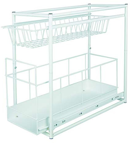 Haushalt International HI Teleskop Schublade - Küchenschrank Schublade für Küchenschränke ab 30 cm Breite, Aufbewahrungskorb Schublade Einbau, Teleskop Korb für Küchenschrank, aus Metall (weiß)