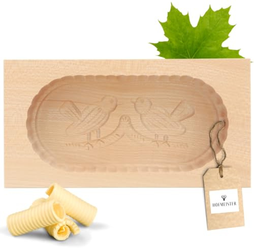 HOFMEISTER® Butterform Holz 250 g Vogelpaar eckig – Butterstempel aus Ahornholz, handgeschnitzt in Deutschland, für Frühstück und Brunch (1 Stück)