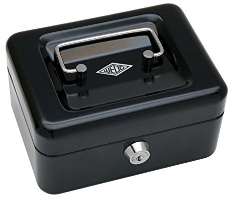 Wedo 145121X Geldkassette (aus pulverbeschichtetem Stahl, versenkbarer Griff, 4 -Fächer-Münzeinsatz, Sicherheits-Zylinderschloss, 15,2 x 11,5 x 8,0 cm) schwarz