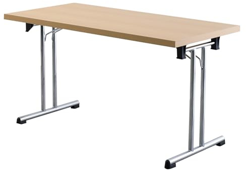 Bümö Klapptisch Buche 138 x 69 cm klappbar & stapelbar, klappbarer Schreibtisch, Klappschreibtisch, Tisch klappbar, Klappbarer Tisch, Klapptisch Holz-Platte, Gestell stabil aus Metall verchromt