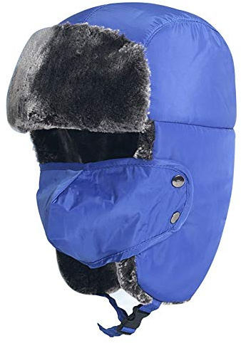 BXT Unisex Kids Teens Winter Hat Aged 5-15Y, Thermal Fur Lined Trapper Hat with Ear Flap Windproof Face Mouth Cover Snow Ski Snowboarding Hat Cap Headwear Blue