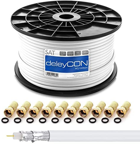 deleyCON HQ 100m SAT Koaxial Kabel 130dB - 4-fach geschirmt für DVB-S - S2 DVB-T und DVB-C - Stahl/Kupfer Innenleiter - 4K 1080p FULL HD HDTV - inkl. 10x vergoldete F-Stecker