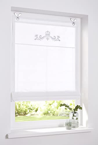 Raffrollo, Baumwolle, weiß, Ösen, Kessy Crown, Stickerei, Grau, Shabby-Chic-Stil, Vintage, 45 x 140 cm (B x H)