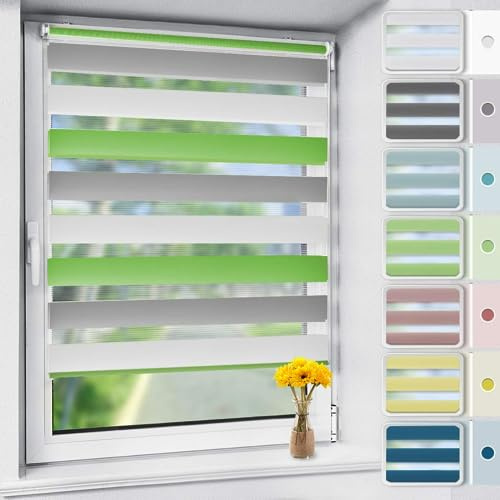 OUBO Doppelrollo Klemmfix ohne Bohren Grün-grau-weiß B90 x H150cm (Stoffbreite: 86cm), Duo Rollo für Fenster und Tür, Fensterrollo Sonnenschutz & Sichtschutz
