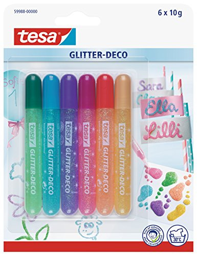 tesa GLITTER-DECO Glitzerstifte - Glitzerkleber - 6 x 10 g | Farbenfroher Glitzerkleber - präzise und tropffrei - lösungsmittelfrei - für Karten, Einladungen, Geschenke und DIY-Deko