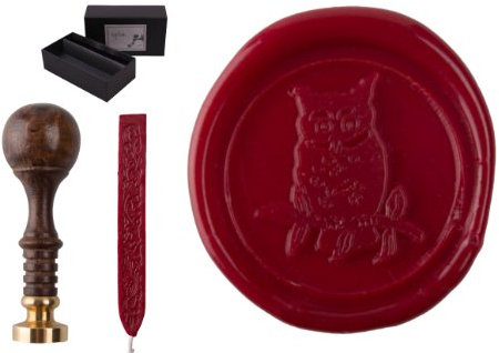 Siegelstempel Set Sigillum Gravur Eule + 1 Stange Siegelwachs im Geschenkkarton