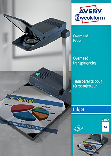 AVERY Zweckform 2502 Overhead-Folien für Inkjetdrucker (50 Transparentfolien, A4, spezialbeschichtet, stapelverarbeitbar, schnelle Farbaufnahme ohne Verschmieren und Verlaufen, Folienstärke 0,11mm)