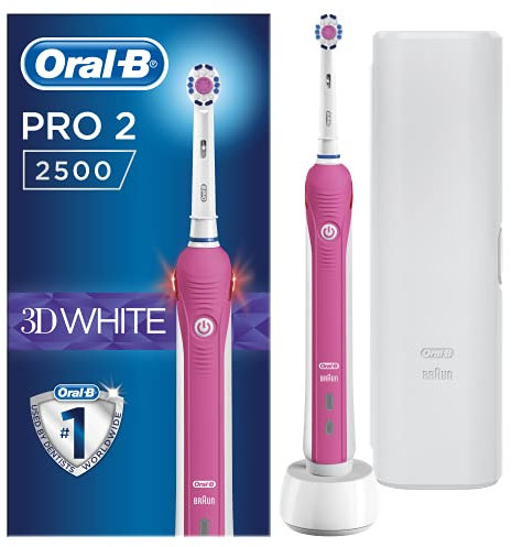 Oral-B Pro 2500 3D White Electric Rechargeable Toothbrush with Travel Case Powered by Braun - Pink - Ships with a UK 2 pin plug
