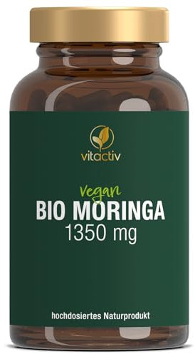 VITACTIV Bio Moringa Kapseln - 90 Stück, Vegan – Nährstoffwunder Moringa - Hochdosiert, 1350 mg Moringa Pulver pro Tagesdosis - Laborgeprüft in Deutschland, Ohne künstliche Zusätze & Gentechnik