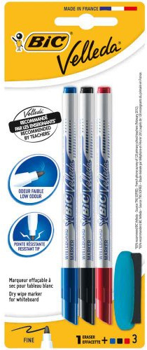 BIC Velleda Whiteboard 3x Stifte ( Schwarz, Rot, Blau ) und Wischer - Weiße Wand Marker