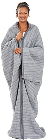 Ibena Fano Wohnmantel 150x200 cm – Kuscheldecke mit Ärmeln grau hellgrau, mit praktischen Druckknöpfen und Reißverschluss, Ärmeldecke kuschelig weich und angenehm warm