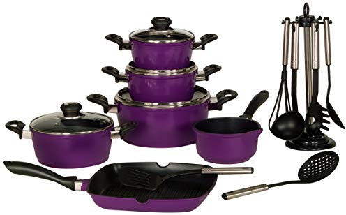 Krüger Aluguss Topfset Lila 17-teilig|Antihaft|Töpfe, Grillpfanne & Zubehör