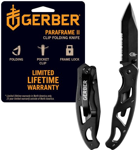 GERBER Paraframe II Tanto | Taktische Alltagstrage, gezackte Tantoklinge, Sicherheitsrahmenverriegelung, leichter offener Rahmen, langlebiger Edelstahl