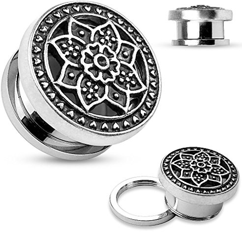 Tapsi´s Coolbodyart® Flesh Tunnel Schraubverschluss Edelstahl Chirurgenstahl 316L Messing Zirkonia Tribal Lotus 8mm