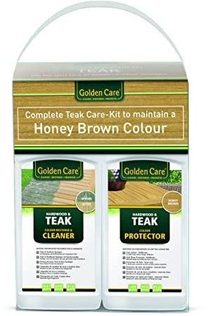 Golden Care Teak Holzpflegeset 8-teilig (inkl. Cleaner + Protector, Reiniger für Gartenmöbel / Outdoormöbel, inkl. Zubehör) 60006, 1 Stück (1er Pack)