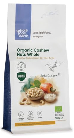Wholefood Earth Organic Cashew Nuts Whole – 500g | Raw | GMO Free | Vegan | High Fibre | Source of Protein | Certified Organic
