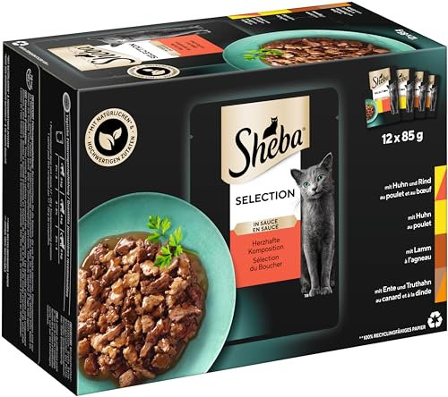 Sheba Katzennassfutter Selection in Sauce, 48 Portionsbeutel, 12x85g (4er Pack) – Katzenfutter nass, Herzhafte Komposition in Sauce für ausgewachsene Katzen
