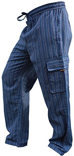 SHOPOHOLIC FASHION, Pantaloni Unisex in Stile Hippy, a Righe, Gamba Larga, con Tasche Laterali Blue Mix Medium