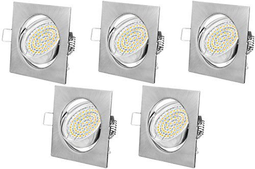 Einbaustrahler LED Eckig GU10 3W Warmweiß 230V Chrom Gebürstet Rahmen Einbauspots Einbaulampen Einbauleuchten als Set, 5er Pack