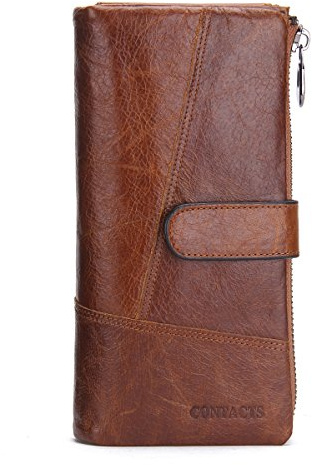 CONTACTS Mann-echtes Leder-Karten-Kasten Bifold Mappe Scheckheft-Organisator Braun Vintage Langes Portemonnaie Kreditkartenetui Herren Geldbeutel