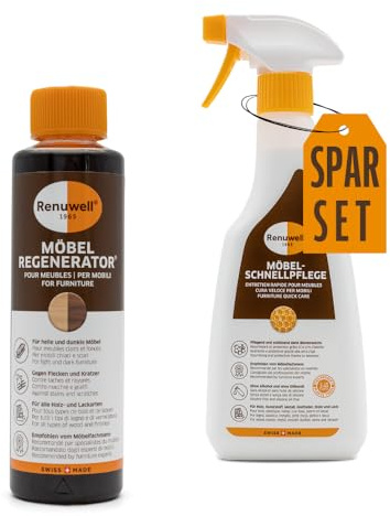 Renuwell Möbel-Regenerator (500 ml) & Möbel Schnellpflege (500 ml) - Intensives Pflege-Duo für die Reinigung, Auffrischung und den Schutz von Holzoberflächen aller Art