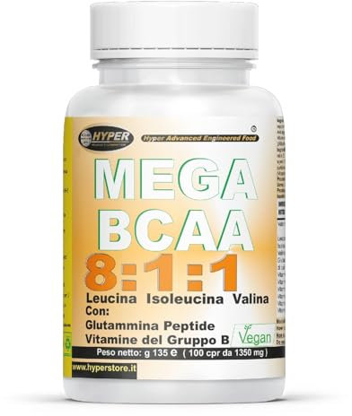 Aminoacidi Ramificati BCAA 8 1 1 HYPER + Glutammina Peptide + Vitamine Gruppo B 200 Compresse 1350mg Recupero Muscolare | 8.1.1 Leucina, Isoleucina, Valina | Intra Pre Post Workout Palestra | Vegan