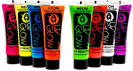 8 x 10ml UV-Bodypaint Körpermalfarben Schwarzlicht fluoreszierende Schminke Bodypainting Neon Farben Leuchtfarben