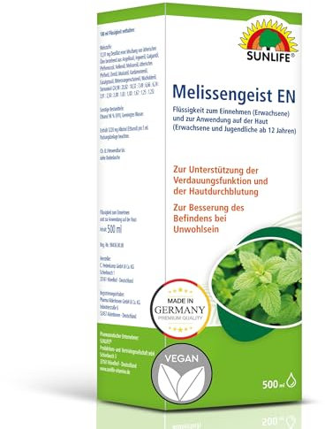 SUNLIFE Melissengeist EN - 1 x 500ml - Flüssigkeit zum Einnehmen für Erwachsene und zur Anwendung auf der Haut für Erwachsene und Jugendliche ab 12 Jahren