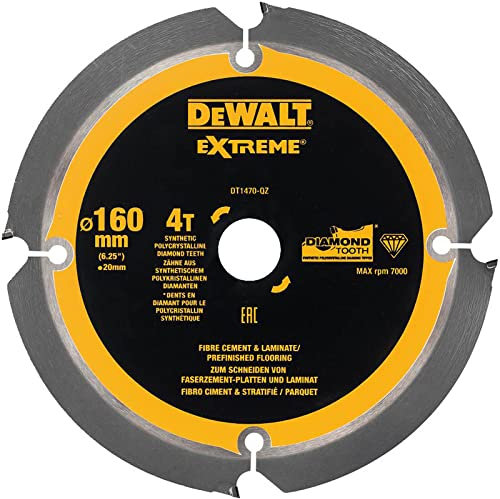 DEWALT Faserzement-Kreissägeblatt DT1470 (Sägeblatt-ø: 160/20 mm, 4 Zähne, Zahnwinkel: 12°, speziell für Faserzement-Platten und Laminat entwickelte Kreissägeblätter) 1 Stück