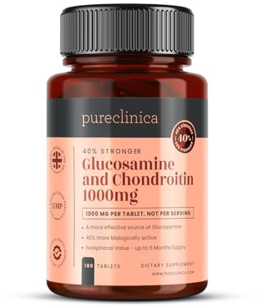 Pureclinica Glukosamin HCL & Kondroitin – 180 tabletter (6 månaders förbrukning) – Högkoncentrerat: 1000 mg per dos – 90 % marint kondroitin, 83,1 % glukosamin HCL