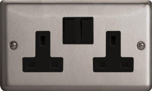 XS5B - Varilight - Classic - Matt Chrome - 2 Gang 13A Double Plug Socket - Black Inserts by Varilight