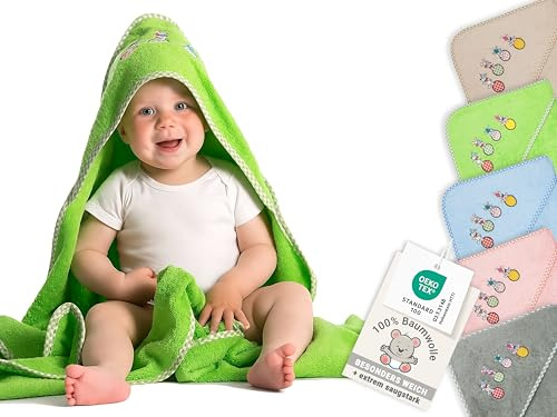 ZOLLNER Baby Kapuzenhandtuch in 100x100 cm - grün - hautfreundlich und kuschelweich - Baumwolle - waschbar bis 60°C - Oeko Tex® Zertifiziert