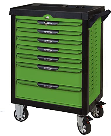 KS Tools 817.7380 - Servante d'atelier 7 tiroirs - Gamme ULTIMATE® - Système de fermeture centralisé par serrure - 4 roues robustes - Equipée de 384 outils - Couleur Verte