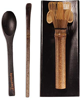 BambooMN Matcha Whisk Set - Skinny Black Chasen (Tea Whisk), Black Tray, Black Chashaku (Hooked Bamboo Scoop), Black Tea Spoon - 1 Set