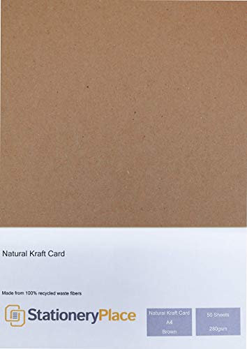 Stationery Place Thick - Brown Recycled Natural Kraft Card - A4 280 GSM 50 Sheet Pack