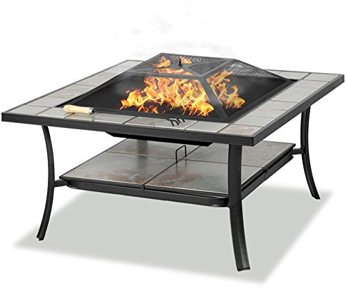 Centurion Supports SHANGO Premium Multi-Functional Black with Ceramic Tiles Outdoor Garden & Patio Square Heater Fire Pit Brazier and Outdoor Table