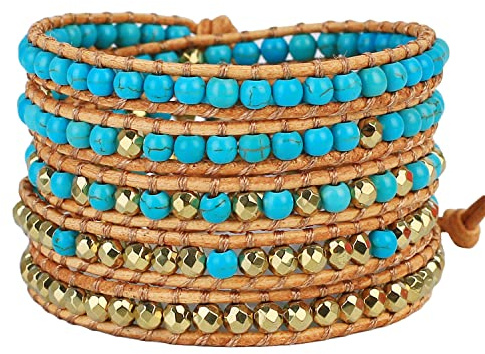 KELITCH Charme Armbänder Personalisiert Zum Frau Männer Glas Perlen Überzogen Strang 5 Wickeln Leder Armband
