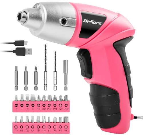 Hi-Spec Kleiner Akkuschrauber in Pink Rosa mit wiederaufladbarem 3.6-V-Akku und LED-Licht. Mit 26-teiligem Zubehör Bit Set – Akkuschrauber für Frauen