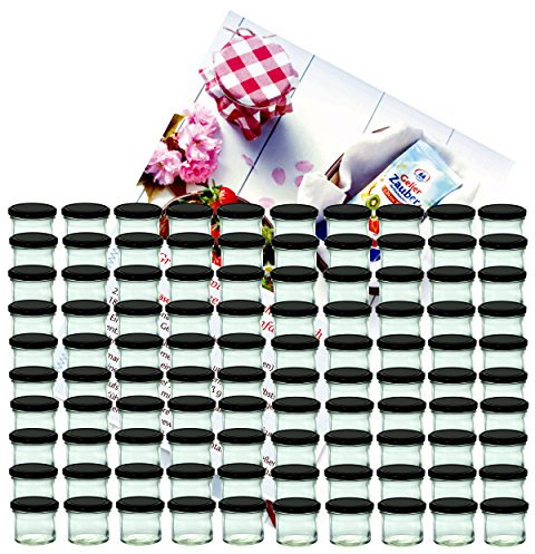 MamboCat 100er Set Sturzglas 125 ml Marmeladenglas Einmachglas Einweckglas to 66 schwarzer Deckel incl. Diamant-Zucker Gelierzauber Rezeptheft