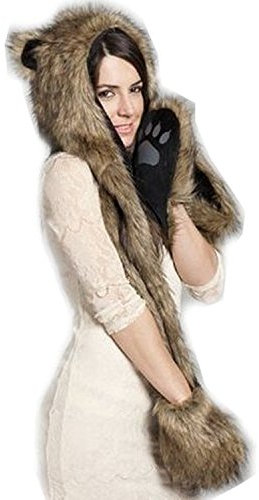 Cheerlife Fell Mütze Damen Kapuzenschal Kunstfell Tiermütze mit Ohren Handschuhe Schal Wintermütze Wolf