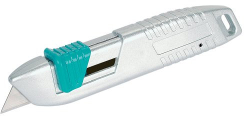 Wolfcraft Sicherheitsmesser aus Metall mit einziehbarer Klinge I 4134000 I Trapezklingenmesser mit Sicherheitsfunktion