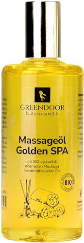GREENDOOR entspannendes Massageöl Golden SPA 100ml vegan, natur-reines BIO Jojobaöl & Aprikosenkernöl, natürlicher entspannender Duft, Naturkosmetik Spa Salonqualität, 1A Natur Körperöl, Geschenke
