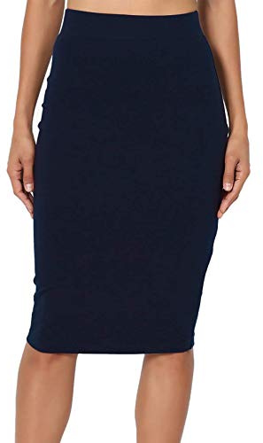 PrettyFashion Mujeres Falda Midi Lápiz Cintura Alta Elasticidad Bodycon Tubo Falda Oficina (Azul Marino, L)